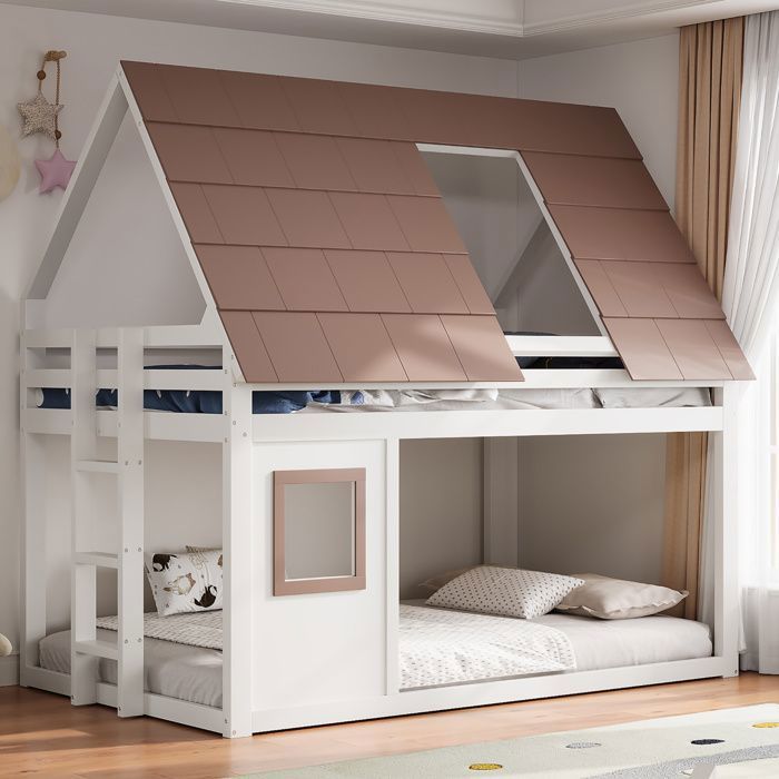 Lit mezzanine cabane 140 x 200 cm en bois blanc et marron