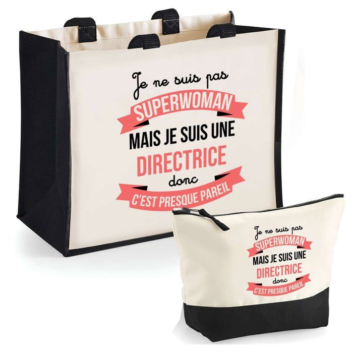 Duo cabas jute et trousse Directrice Superwoman Cadeau Collègue Anniversaire Noël Sac de courses Pochette Maquillage Shopping