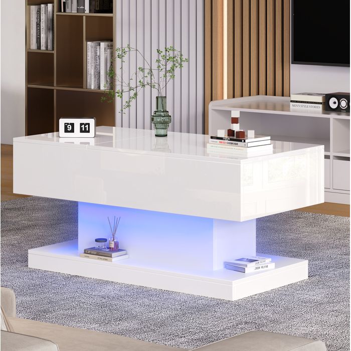 Table basse blanche brillante avec LED plateau relevable et rangement