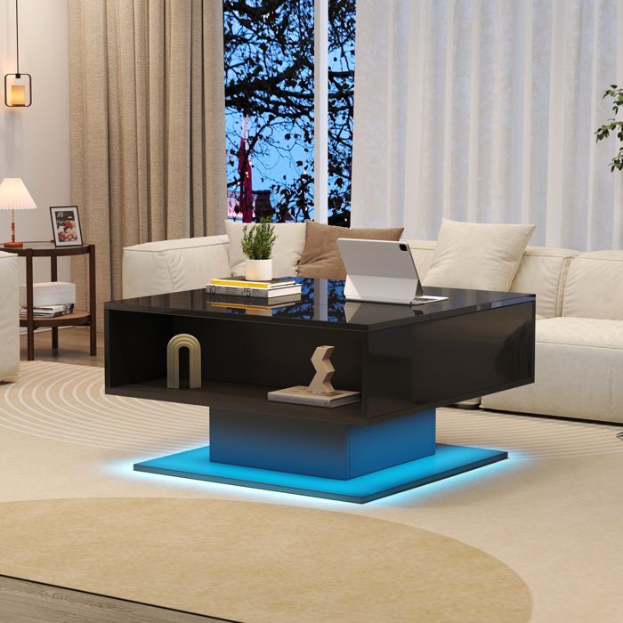 table salon table basse relevable rangement LED 80x75x40 cm bois noir finition brillante séjour EVRYAE