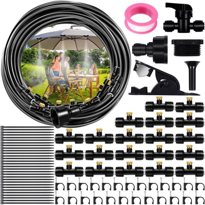 Brumisateur Terrasse ExterieurKit d’Irrigation Système de Brumisateur Extérieur 18M avec 20 Buses de Brume avec Joint en T