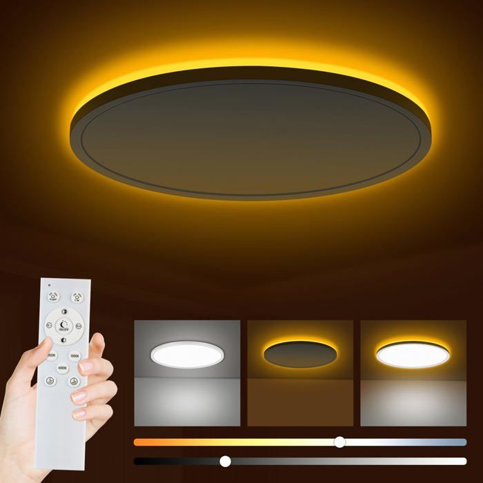 Plafonnier LED 24W 2800LM Rond Luminaire Plafonnier avec télécommande intensité 3000K-6500K veilleuse 1800K Ambre Lampe LED Ch