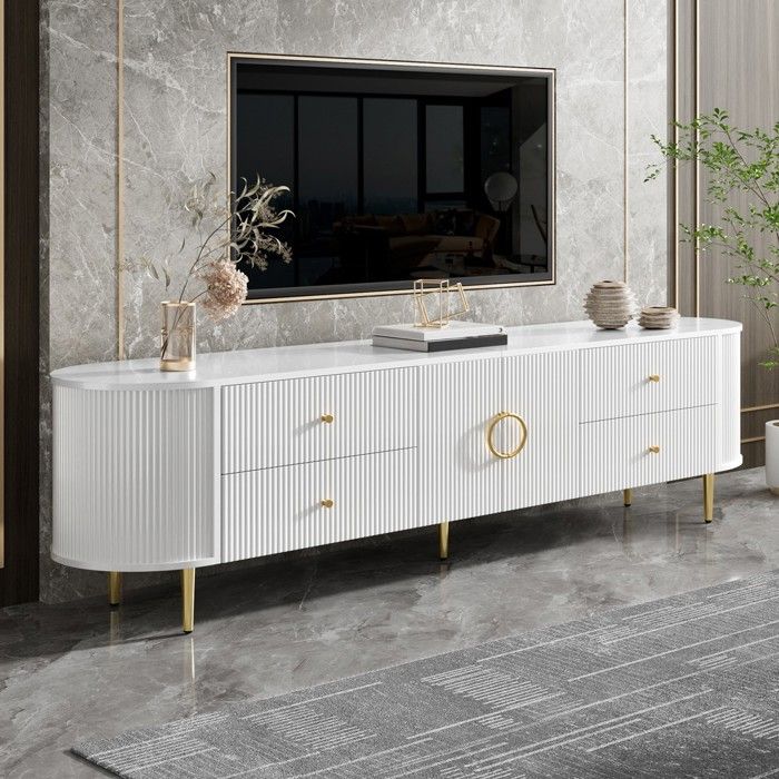 CollaHausse Meuble TV Bas Structure 3D Ondulée Bords Arrondis Blanc