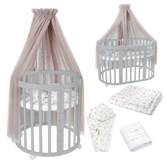 Waldin Lit Bébé Ovale 7en1 Évolutif Matelas - Gris - Ensemble Branches Taupe inclus