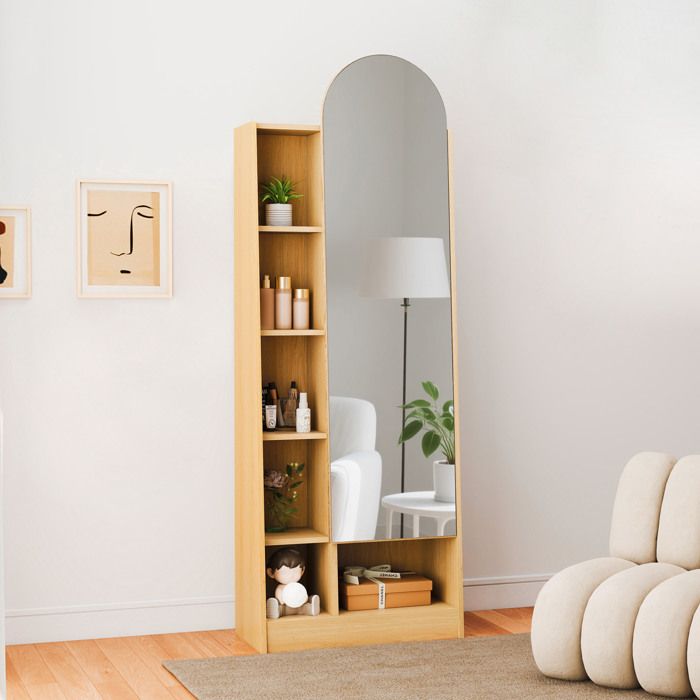 Armoire haute avec miroir pleine longueur 60 x 28 x 165 cm MDF aspect bois naturel étagères réglables