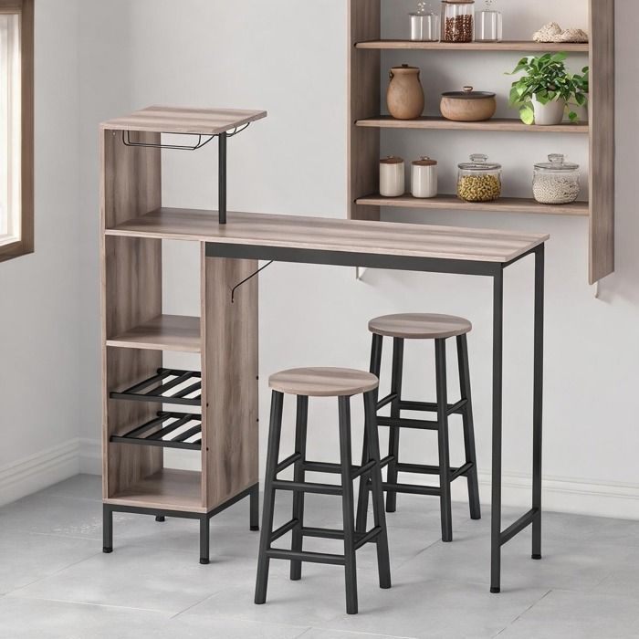 Table haute rectangulaire gris neutre avec 2 tabourets porte-bouteilles et porte-verres intégrés