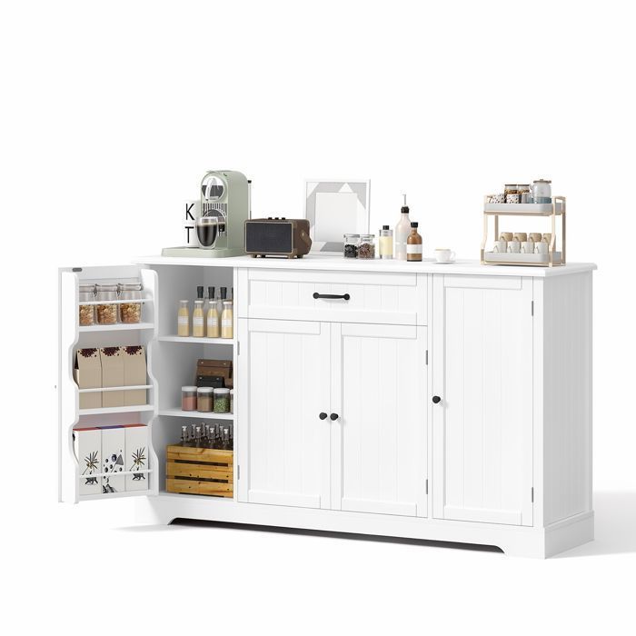 Buffet de Cuisine - Bealife- 1 Tiroir - 4 Portes - 8 Niveaux - Meuble Bas - Salon - Meuble Rangement Blanc - 142x40x83 cm