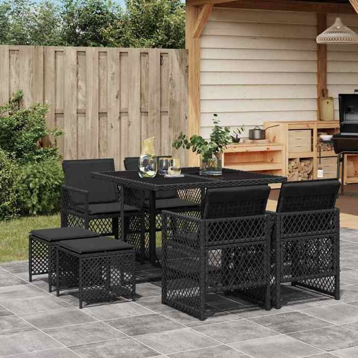 VIDAXL Ensemble Table avec chaises jardin (9 pcs) - ANTI-UV - coussins - noir résine tressée 110x106x73 cm M2719