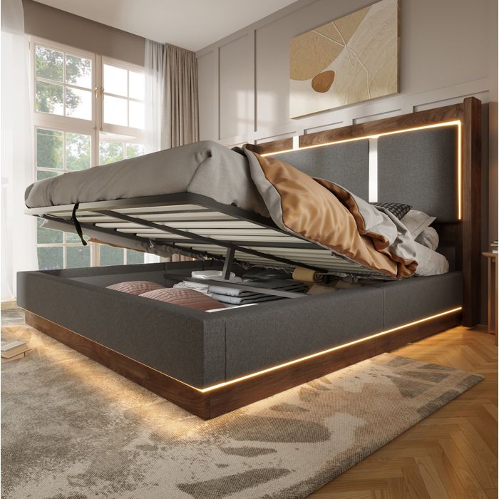 Lit double rembourré 180x200 avec sommier à lattes LED intégrée coffre hydraulique gris et noyer sans matelas VEVXYN
