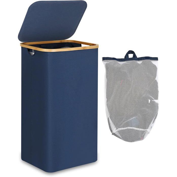 Sac Panier À Linge Sale Pliable 100L Grand Xl Avec Poignées En Bambou Pour Vêtements Bac A Linge Laundry Basket Bleu