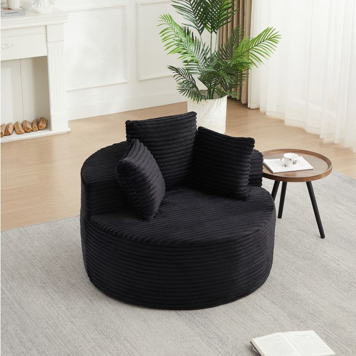 Fauteuil lounge rond noir 110 x 110 x 82 cm en corduroy 1 place 3 coussins accoudoirs larges compressé
