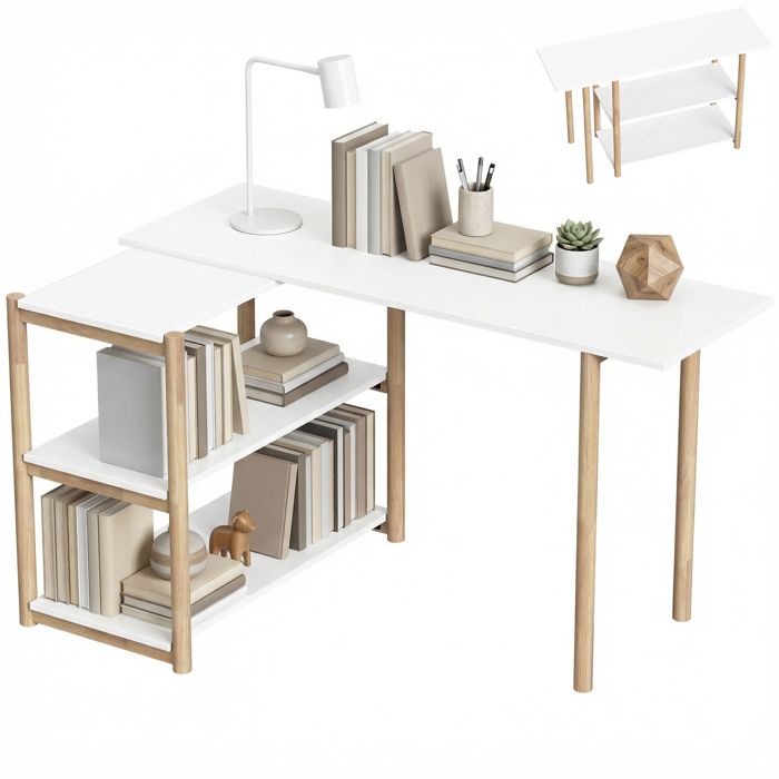 Bureau - HOMCOM - pliable - étagères de rangement - cadre en bambou - 148 x 40 x 68 cm - blanc et chêne