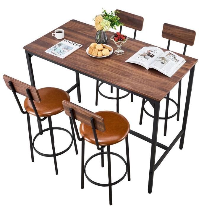 120x60 cm Ensemble Table de Bar Haute et 4 Tabourets 5 Pièces Mange Debout pour Petit-Déjeuner Cuisine et Mini Bar