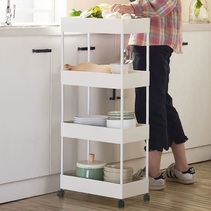 YIS Desserte de Cuisine à roulettes Chariot de rangement à 4 niveaux - pour Salle de Bain Cuisine Bureau Buanderie - Blanc