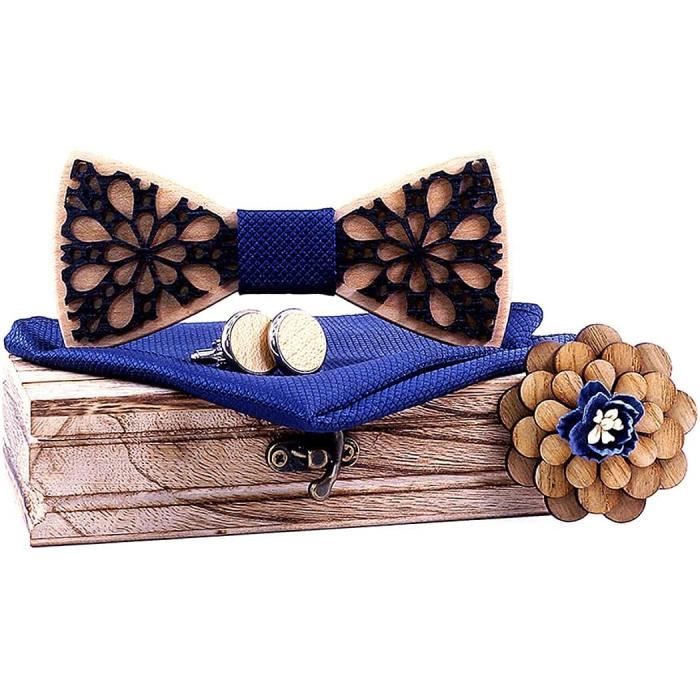Set Noeud Papillon En Bois - 4 Pièces Avec Boutons De Manchette Et Carré De Poche - Style Rétro