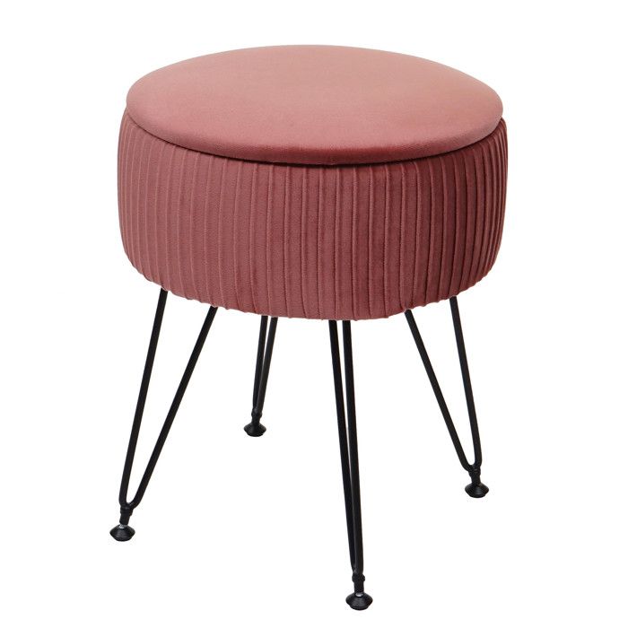Pouf HWC-K47 - tabouret avec compartiment de rangement - Ø 33cm - aspect velours - rose - piètement noir