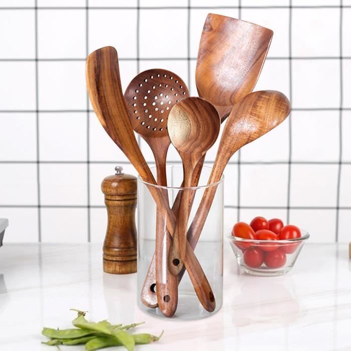 comfoyar Teck Ustensiles de Cuisine Bois, Set de 9 Cuillère en Bois pour la Cuisson avec Support et Louche, Résistance à la Chaleur Convient pour Poêles Antiadhésives