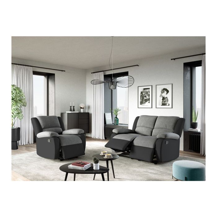 Fauteuil Relaxation 1 place Microfibre et Simili LEO - Gris et Noir - L88 x 93 x 96cm - LOUNGITUDE Fauteuil Relaxation 1 place Microfibre et Simili LEO - Gris et Noir - L88 x 93 x 96cm - LOUNGITUDE