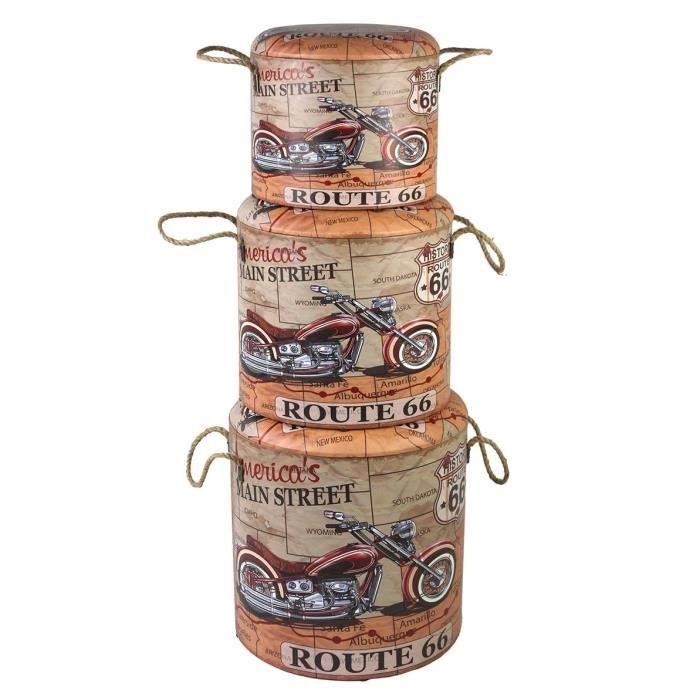 tabourets coffres de rangement - route 66 moto vintage - set de 3 - beige - vintage