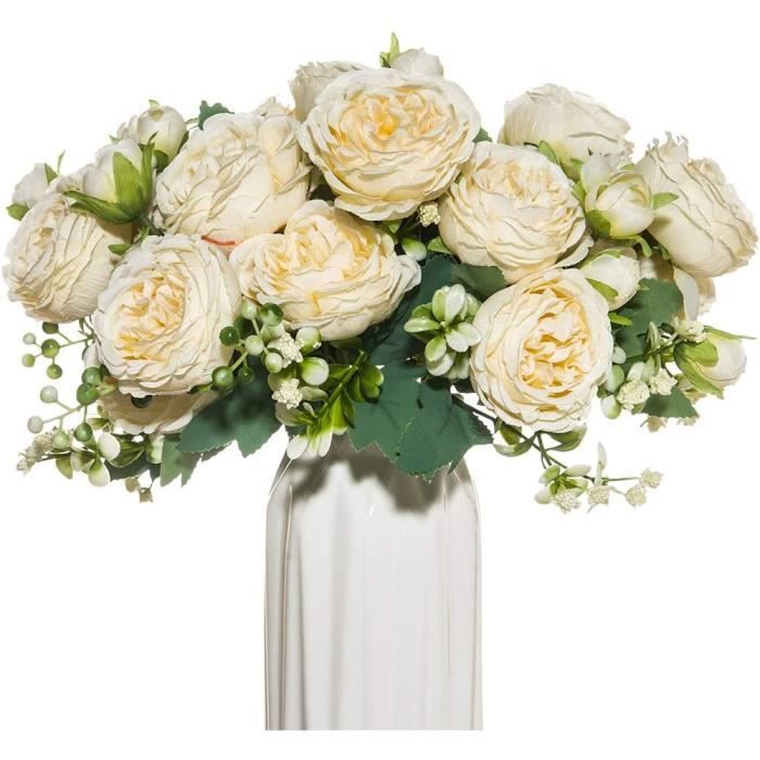 4 paquets fleurs artificielles blanches soie pivoine rose vases de mariage  pour la décoration intérieure mariée bouquet mousse acc - Cdiscount Maison