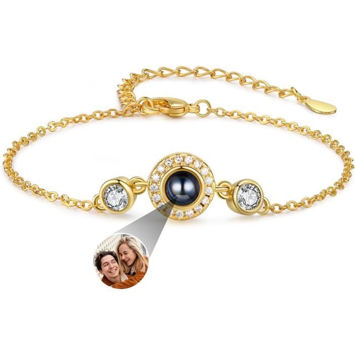 Bracelet Photo Personnalisé Avec Projection – Cœur, Pierre Transparente, Bijou Femme – Cadeau Fête Des Mères, Noël, Anniversaire