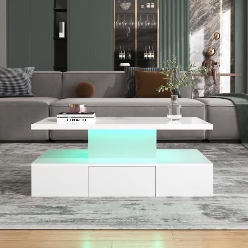 Table Bass Avec Tiroirs, Laque Brillante, Table Avec Deux Niveaux De Rangement Lumiere Led 100 L X 50 B X 39hcm Noir