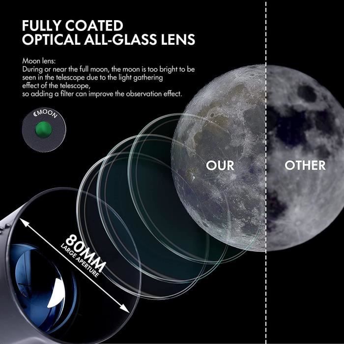 Télescope Astronomique Adulte 40080 ESSLNB avec Adaptateur Téléphonique Trépied Réglable Lentille Barlow Sac et Filtre de Lune