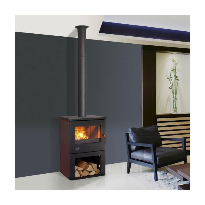 Poêle à bois - GODIN - Chinon - Acier peint anthracite - Flancs émaillés carmin - 150 mm