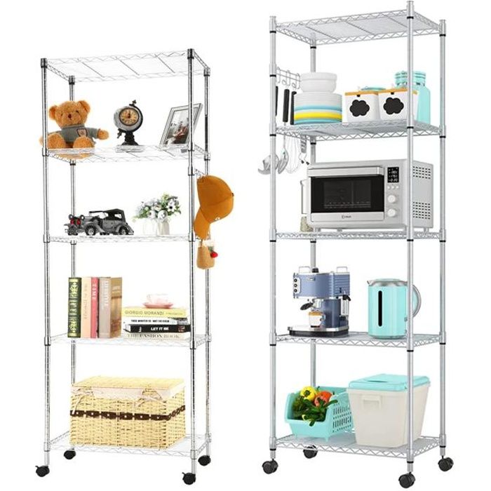 Étagère de cuisine -HOMDOX- Étagère de Rangement à 5 Niveaux en metal avec Crochets 59X35X183cm Étagère à roulettes charge lourde