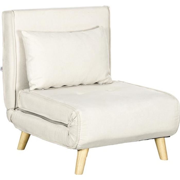 fauteuil chauffeuse canapé-lit convertible 1 place - coussin inclus - style scandinave tissu beige clair