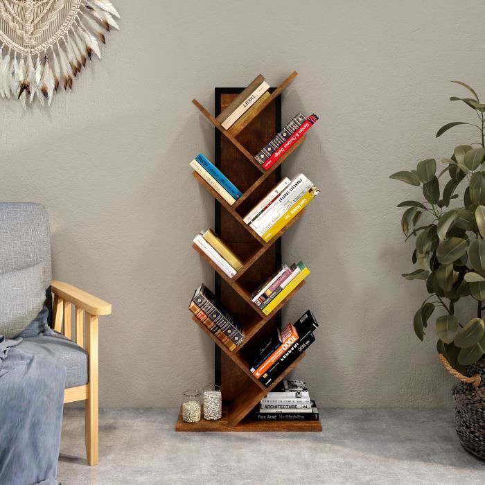 Bibliothèque en forme d'Arbre-Étagère de Rangement-Bibliothèque en Bois à 9 Niveaux, pour Salon, Bureau, Marron-MONDEER
