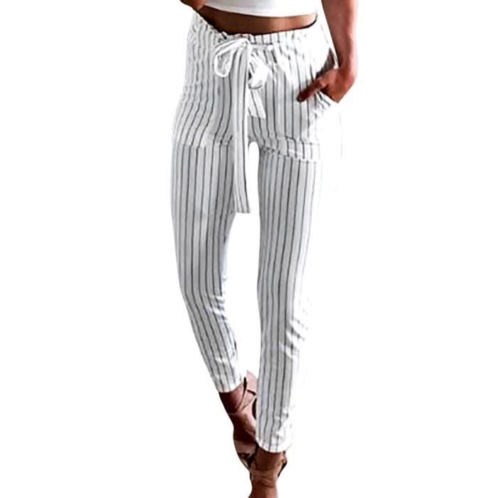 Femmes A Rayures Taille Haute Sarouel Femmes Bowtie A Taille Elastique Pantalons Decontractes Sgy832182wh Blanc Blanc Cdiscount Pret A Porter