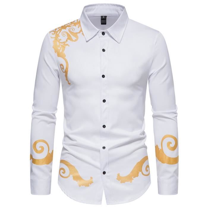 Chemise Homme Chemise Imprimee Dore Chemisette a Manches Longues Chemises Business Casual Decontractee Henley Shirt Pour Homme Blanc Blanc Cdiscount Pret a Porter