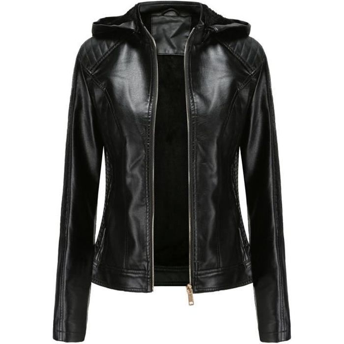 Veste en Cuir ?� Capuche Amovible pour Femme Courte D?�tachable Veste Chaud en ??paissir Velours 