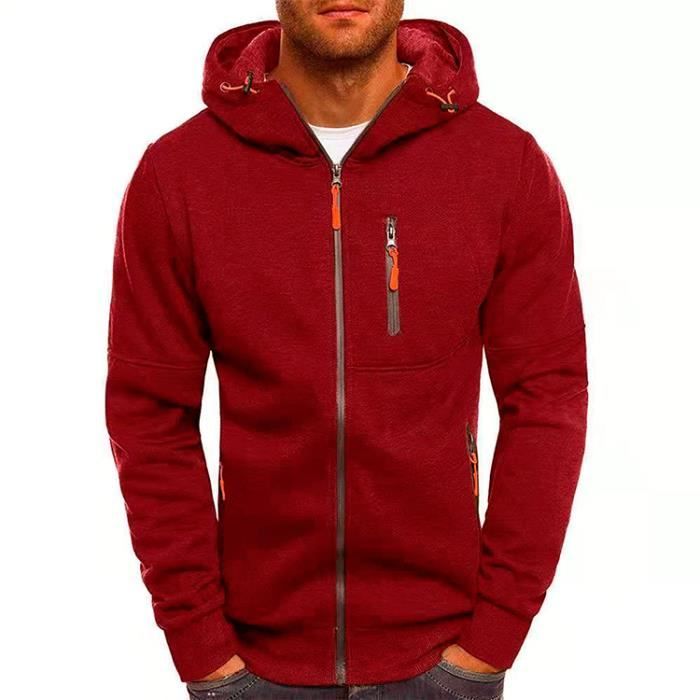 Sweat Homme Pull Sweat à Capuche Sport Manche Longue Casual Zipped  Sweat-Shirt À Capuche Homme Rouge