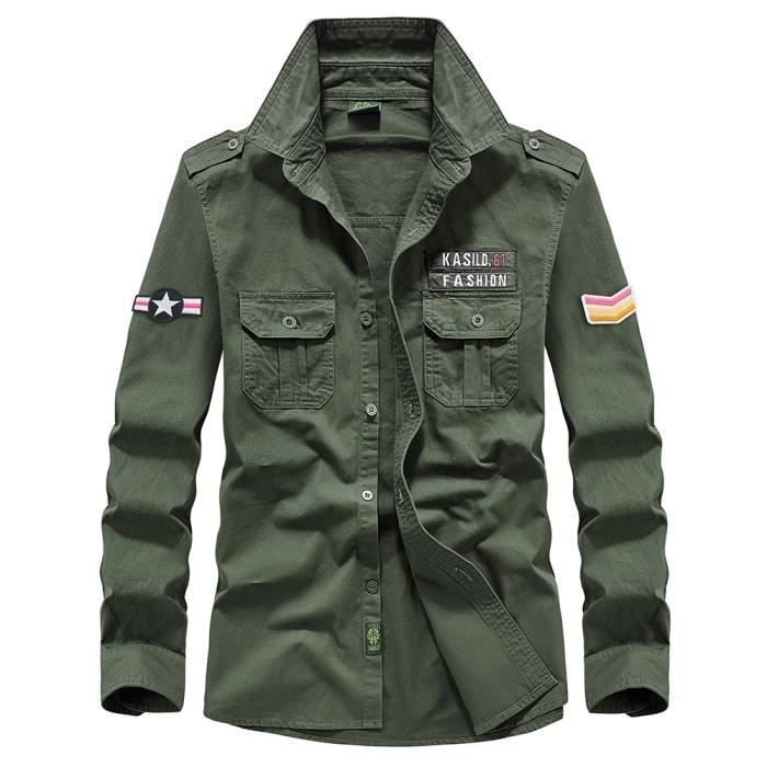 Chemise Militaire Homme en Coton Manches Longues Chemise Multi