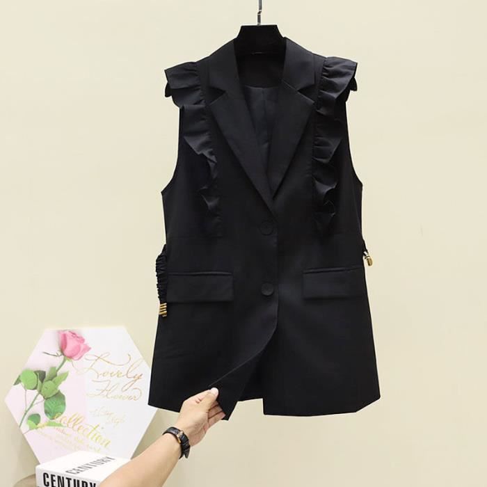 Gilet Long Sans Manches Pour Femme - Style Vintage - Bouton à Revers, Noir, TT-Grand