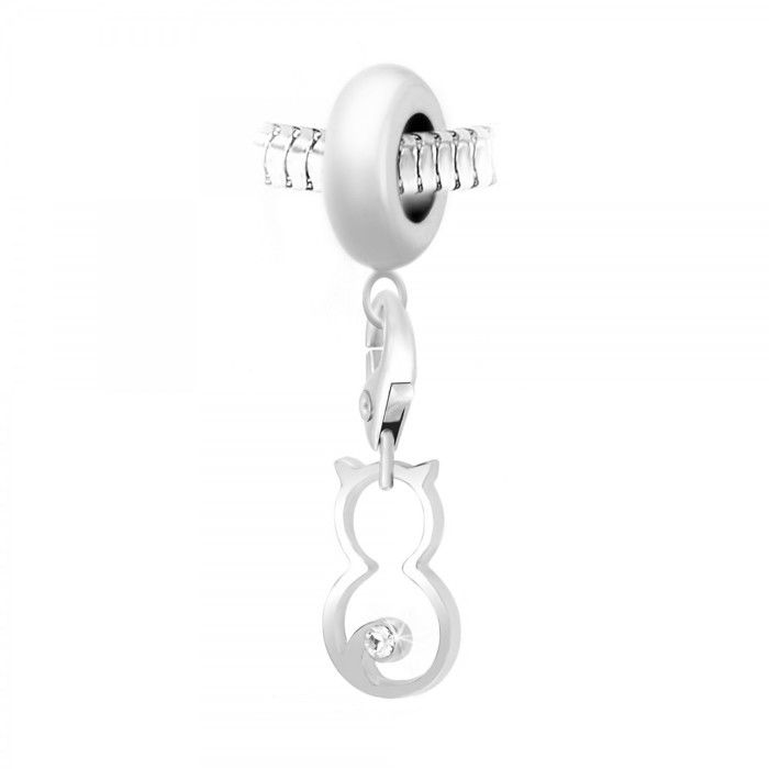 Charm perle So Charm en acier avec pendentif chat argenté made with crystal from Swarovski 10 mm Argenté