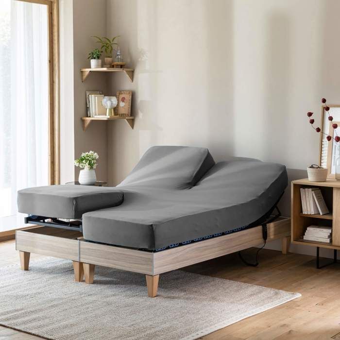 Drap housse gris souris pour lit articulé jersey extensible 2x70x190 - Gris souris - Terre de Nuit