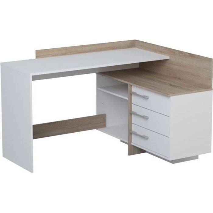 bureau d'angle 3 tiroirs - décor chêne et blanc - l 128,5 x p 105,7 x h 83,2 cm - thales