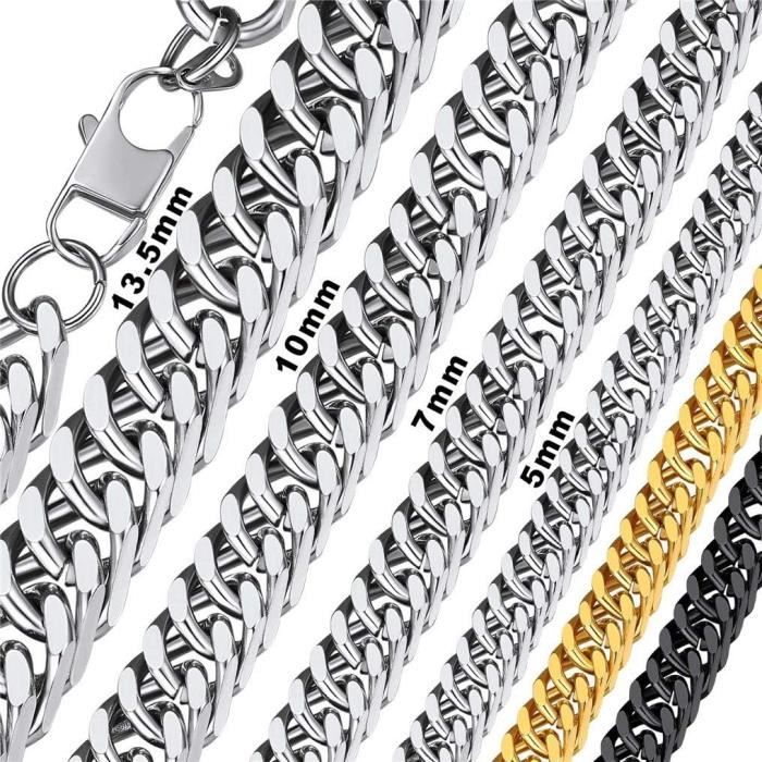 Chaîne Collier Homme Bandmax - Acier Inoxydable 316L - 7mm De Large - Longueur Réglable 46 à 76 Cm - Or, Noir Ou Argent - 12