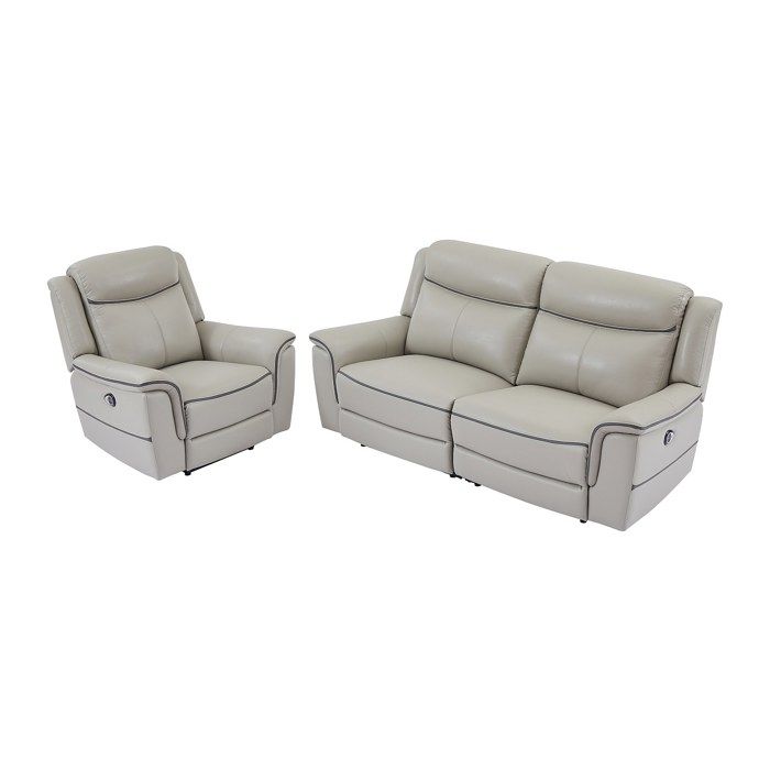 Canapé 3 places et fauteuil relax électrique en cuir gris clair ADELIO
