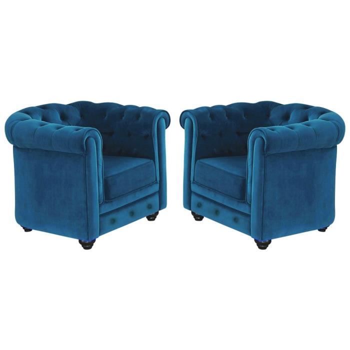 fauteuil chesterfield - vente-unique - 2 places - bleu canard - tissu et velours