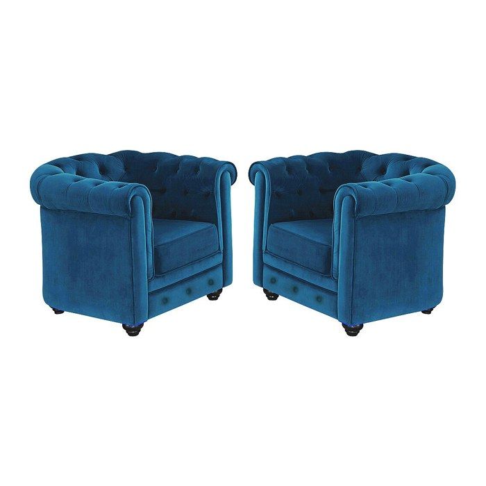 Lot de 2 Fauteuils CHESTERFIELD - Velours bleu canard