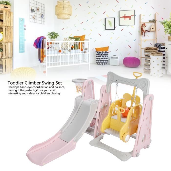 Structure Jeux Exterieur Enfant Toboggan Enfant YULEYU 4 En 1 - Avec Basket, Balançoire Réglable Intérieur/extérieur Jeu Enfant Basket Escalade
