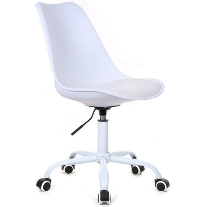 Chaise De Bureau Blanche FURNISH - Dossier Et Assise Rembourrés - Hauteur Réglable 37-49 Cm - Pivotante 360° - Sans Roulettes, Pieds Caoutchouc - Charge Max 120 Kg - 1