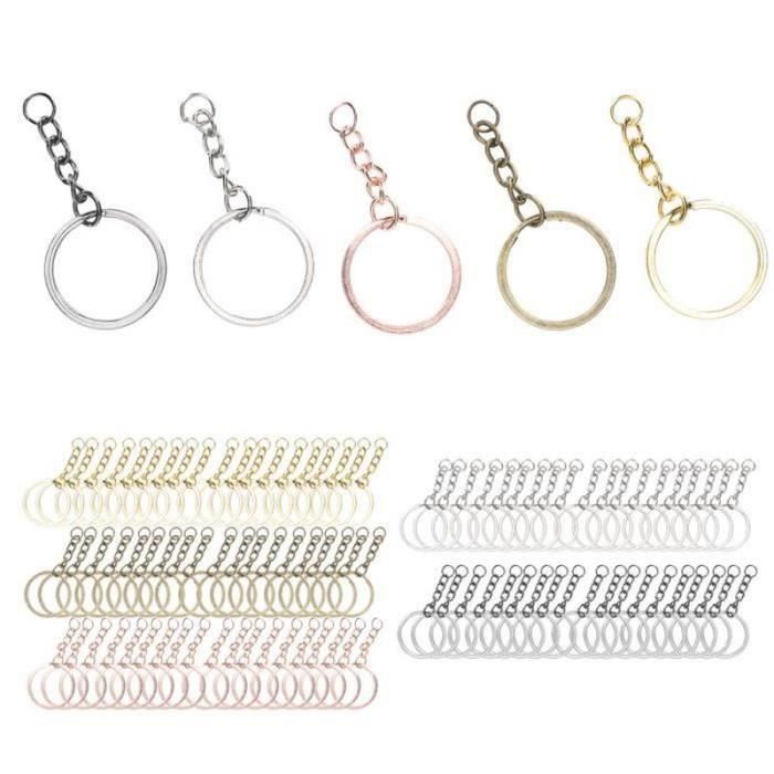 Lot De 10 Supports Porte-clé Anneaux 2,5cm Avec Chaînettes Argenté - Métal Neuf