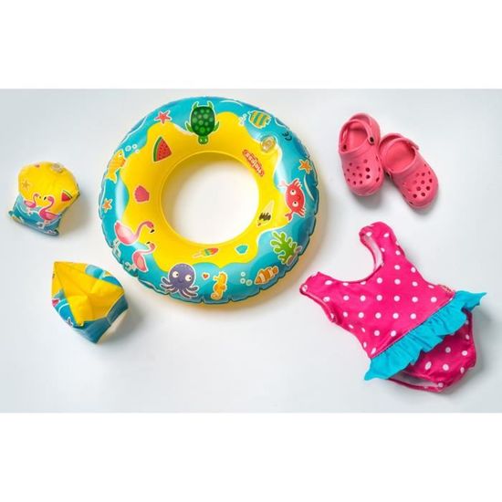 Set De Bain Pour Poupées 35-45 Cm – Maillot Rose, Pantoufles, Bouée Jaune Et Flotteurs – Accessoire Piscine Pour Poupée