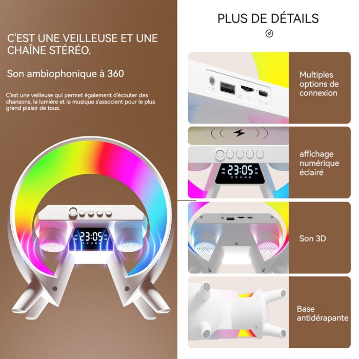 Radio-réveil LED Avec Chargeur Sans Fil 15W – Fonction Lumière Nocturne, Thermomètre, Alarme – Pour Table De Chevet Moderne
