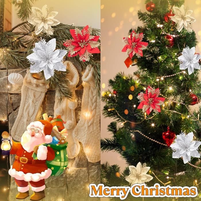 Fleur Sapin De Noel Vitalili Lot De 12 Fleurs De Poinsettia Artificielles Avec Clips Et Tiges à Paillettes Pour Sapin De Noël, Décoration De Fête D'hiver, Couronne (rouge Et Doré Deco Noel
